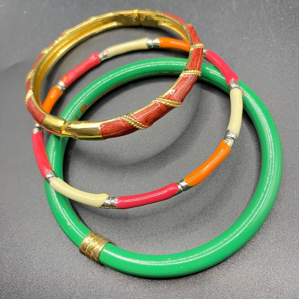 Bracelet Bangle Lot Of 3 Glass Bangle Enamel Hinged Green Orange Casual Bundle